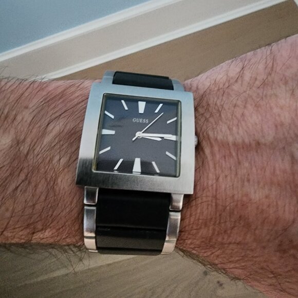 Men's Guess Stainless Steel and Black Leather Watch - Picture 5 of 13